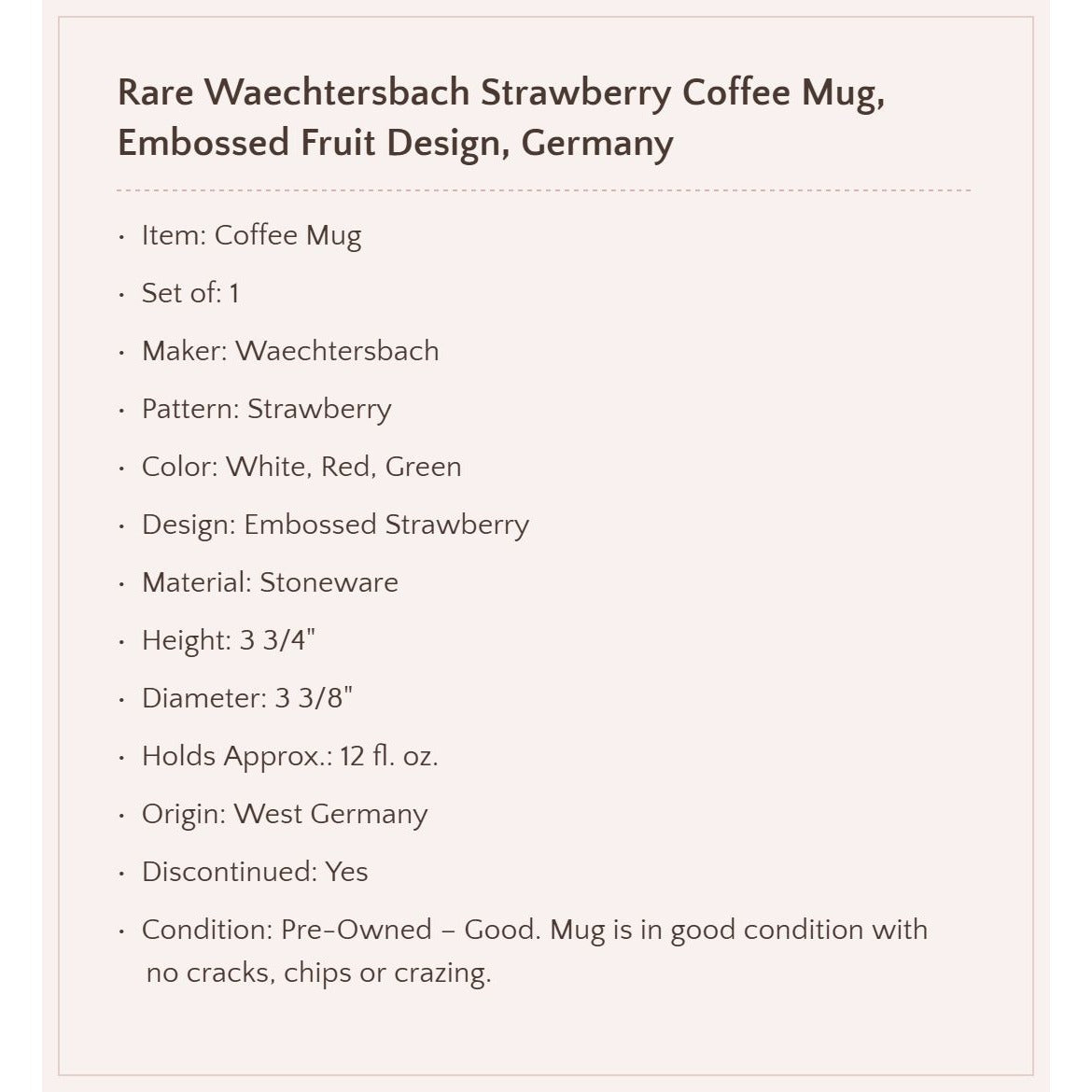 Waechtersbach Strawberry Coffee Mug, Made in West Germany