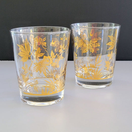 MCM Double Old Fashioned Cocktail Tumbler, Set of 2, by William Meier, 22k Gold Foil, c.1950s USA