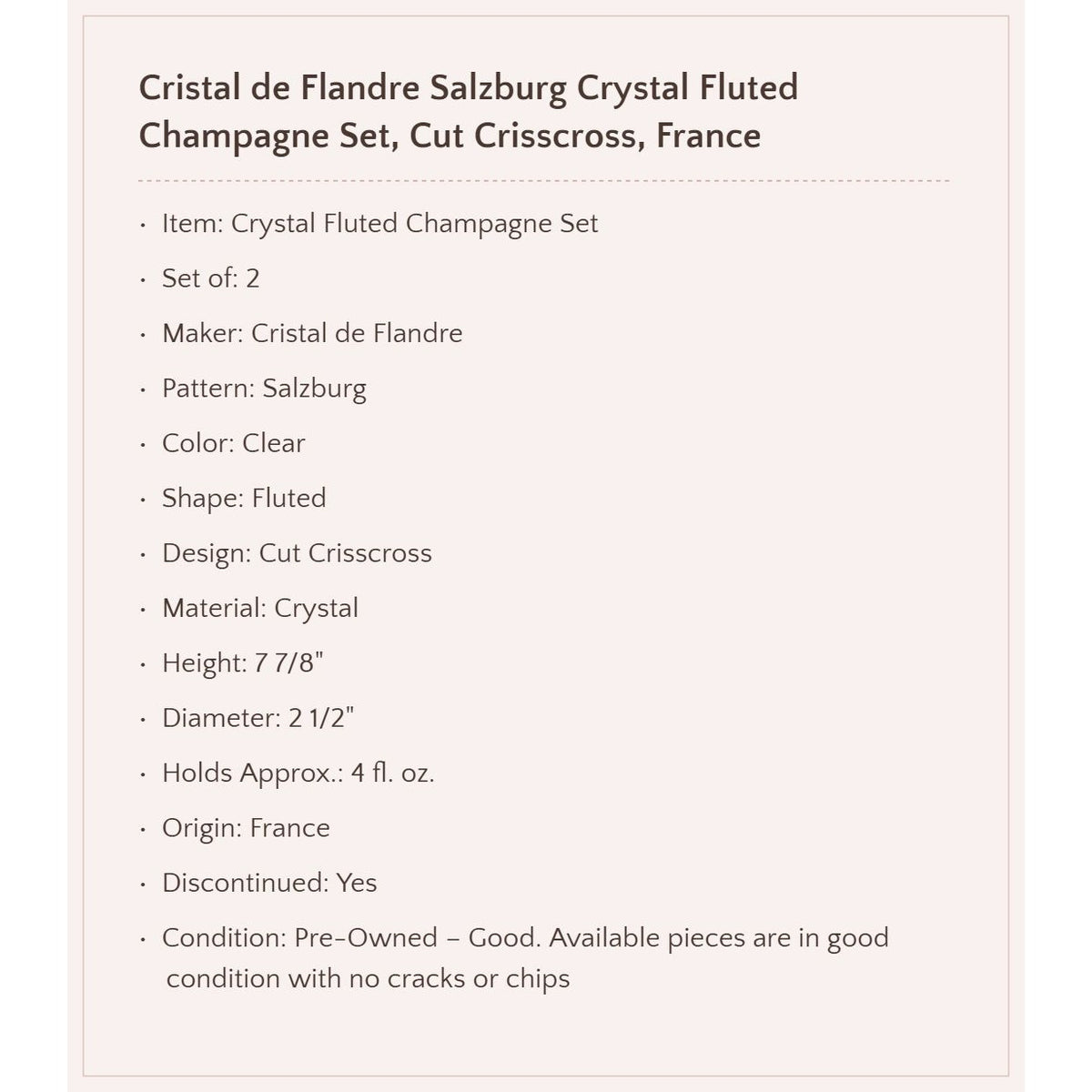 Cristal de Flandre "Salzburg" Crystal Fluted Champagne Set, Made in France