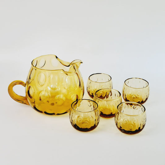 Hand Blown Italian Glass Pitcher & 5 Juice Glasses, Amber Optic Dot & Twisted Handle