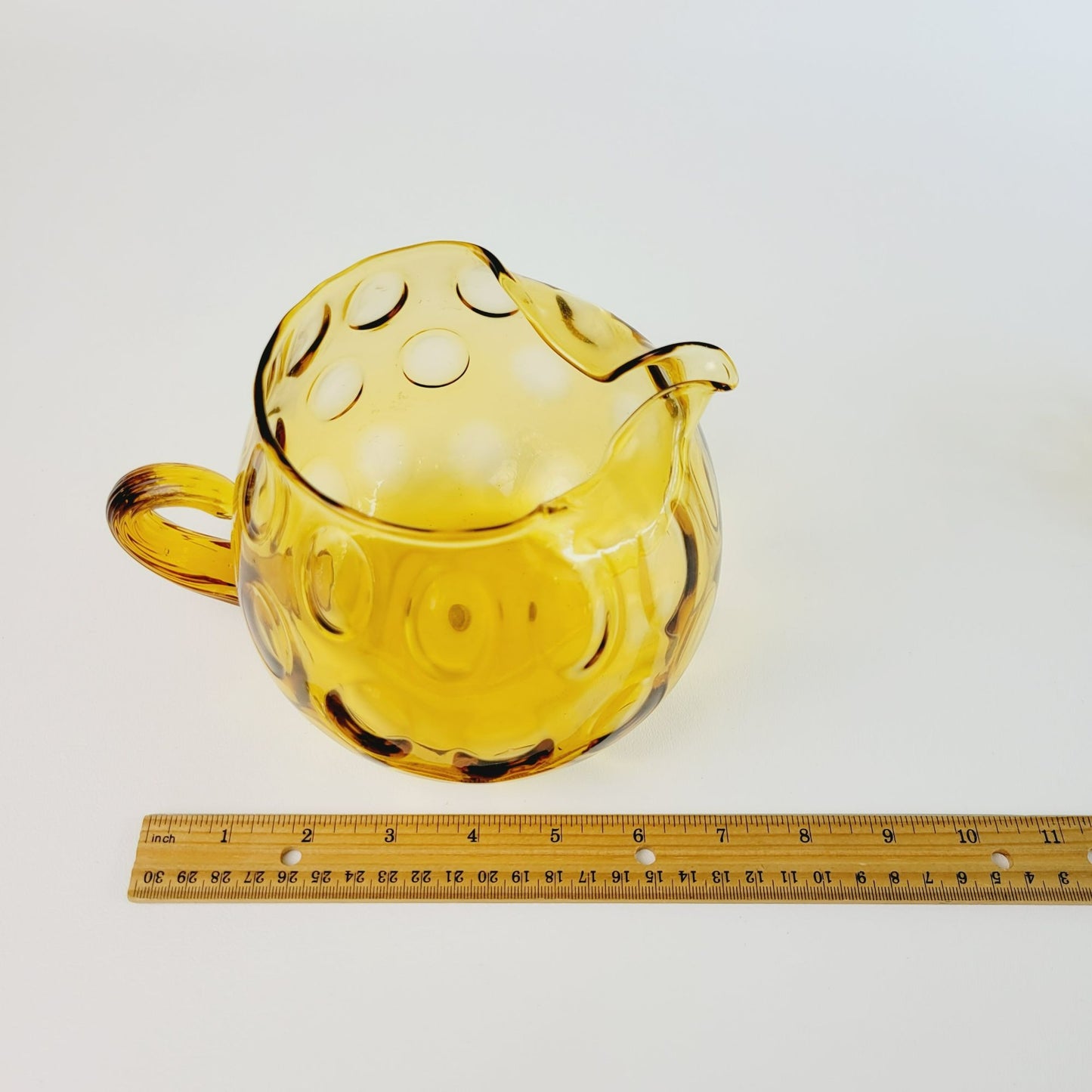 Hand Blown Italian Glass Pitcher & 5 Juice Glasses, Amber Optic Dot & Twisted Handle