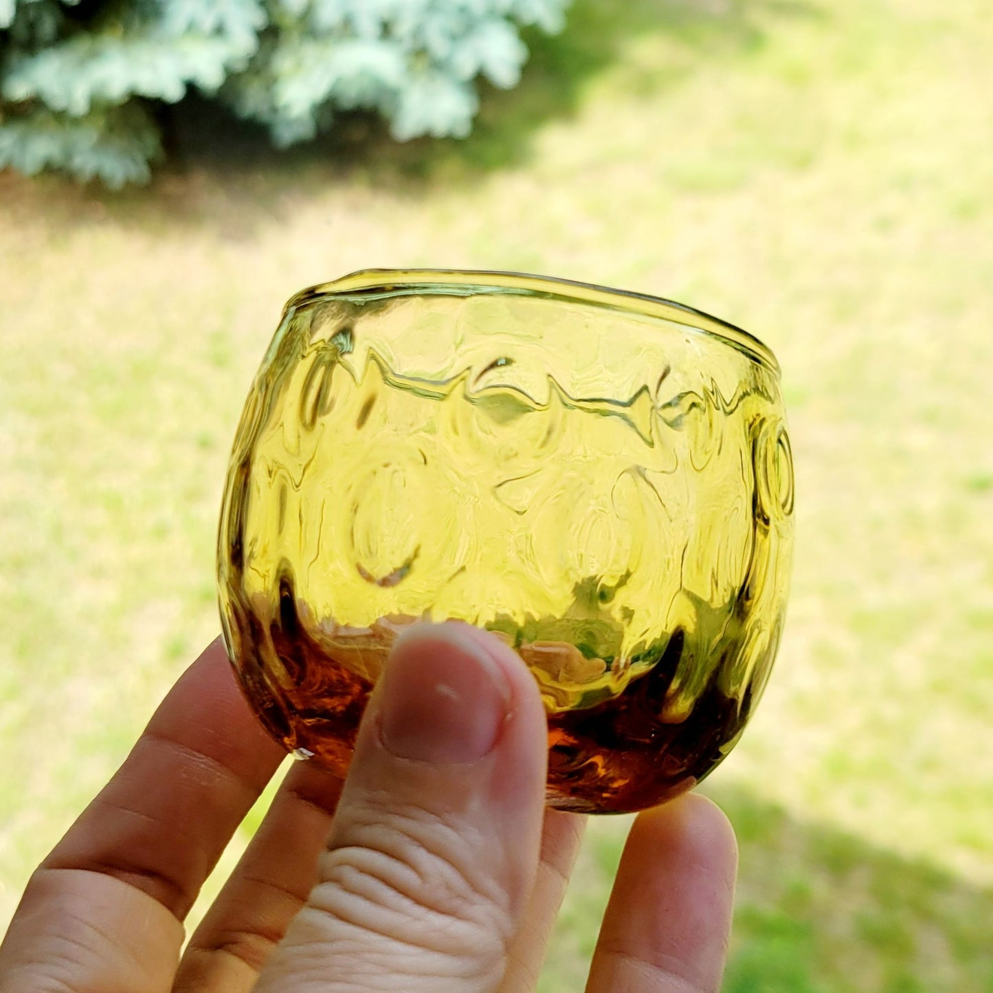 Hand Blown Italian Glass Pitcher & 5 Juice Glasses, Amber Optic Dot & Twisted Handle