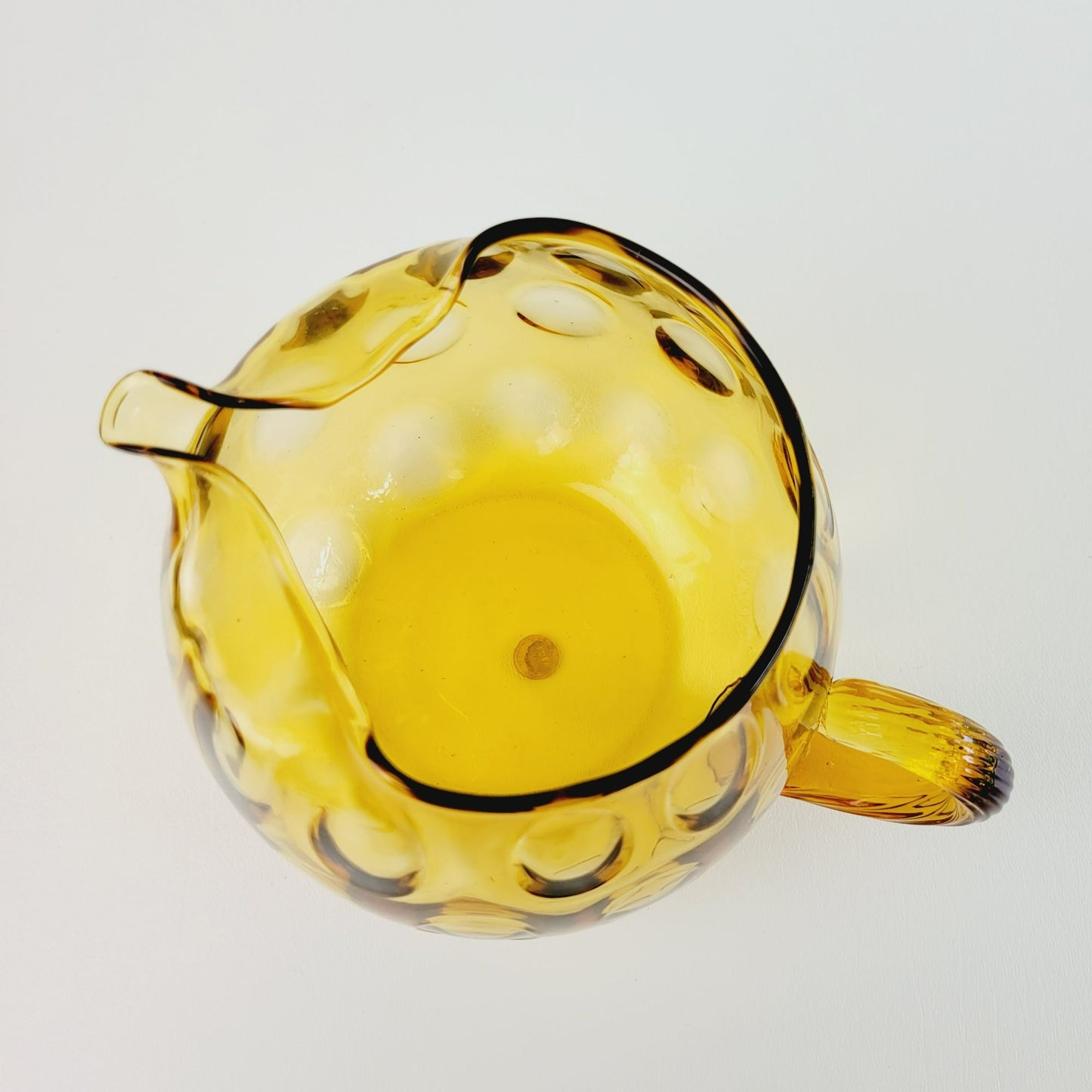 Hand Blown Italian Glass Pitcher & 5 Juice Glasses, Amber Optic Dot & Twisted Handle