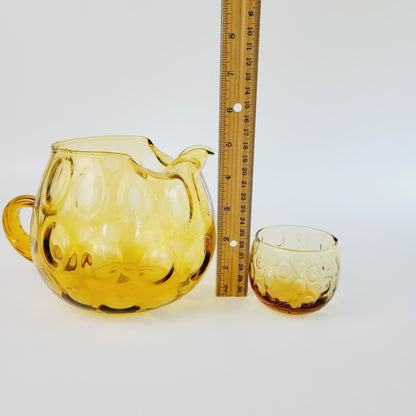 Hand Blown Italian Glass Pitcher & 5 Juice Glasses, Amber Optic Dot & Twisted Handle