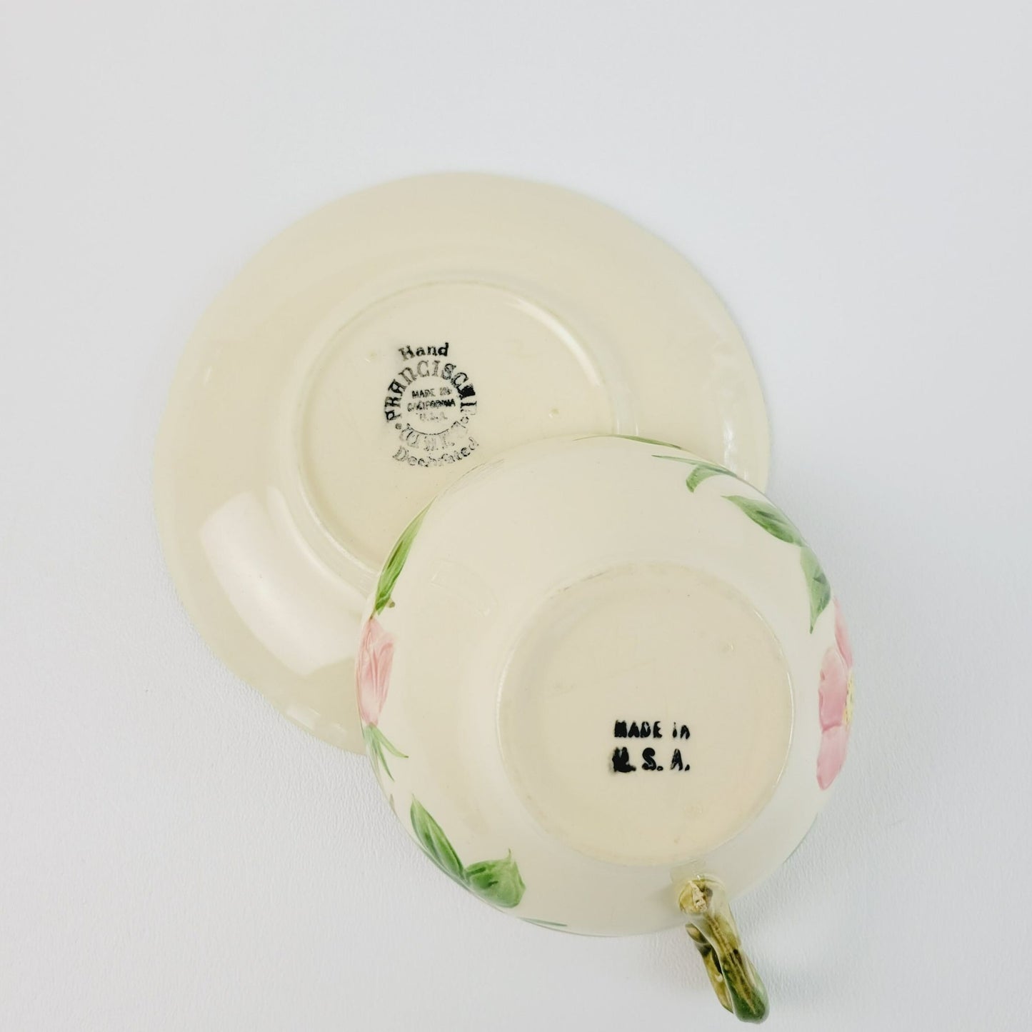 Franciscan  Desert Rose Cup & Saucer, 2 Sets, Hand Painted & Embossed Pink Floral, c.1940-47 USA