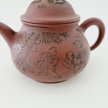 Antique Chinese Yixing Clay Teapot, Carved Figural Design Burnished Purple Clay, 10fl. oz.