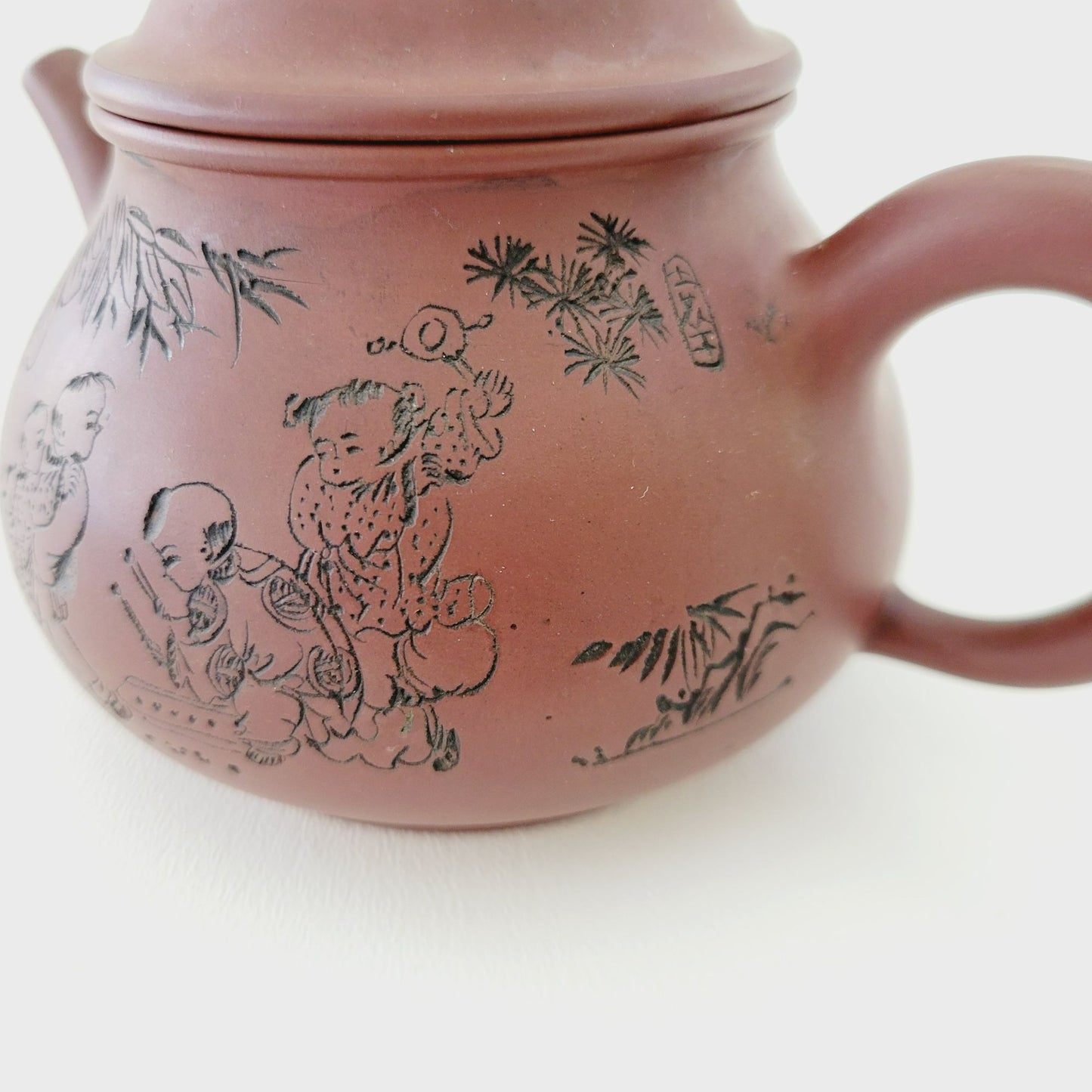 Antique Chinese Yixing Clay Teapot, Carved Figural Design Burnished Purple Clay, 10fl. oz.
