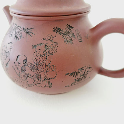 Antique Chinese Yixing Clay Teapot, Carved Figural Design Burnished Purple Clay, 10fl. oz.