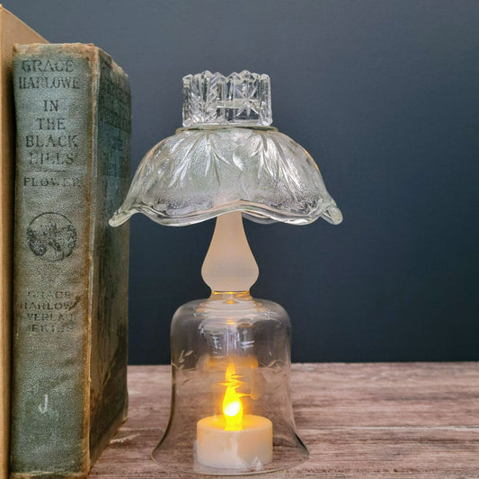 Unique Small Flameless Tealight Lamp, Clear Frosted & Seafoam Green, Embossed  & Etched Floral Design