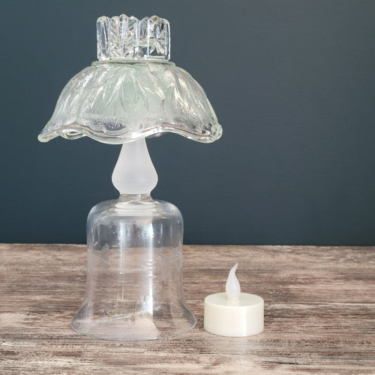 Unique Small Flameless Tealight Lamp, Clear Frosted & Seafoam Green, Embossed  & Etched Floral Design