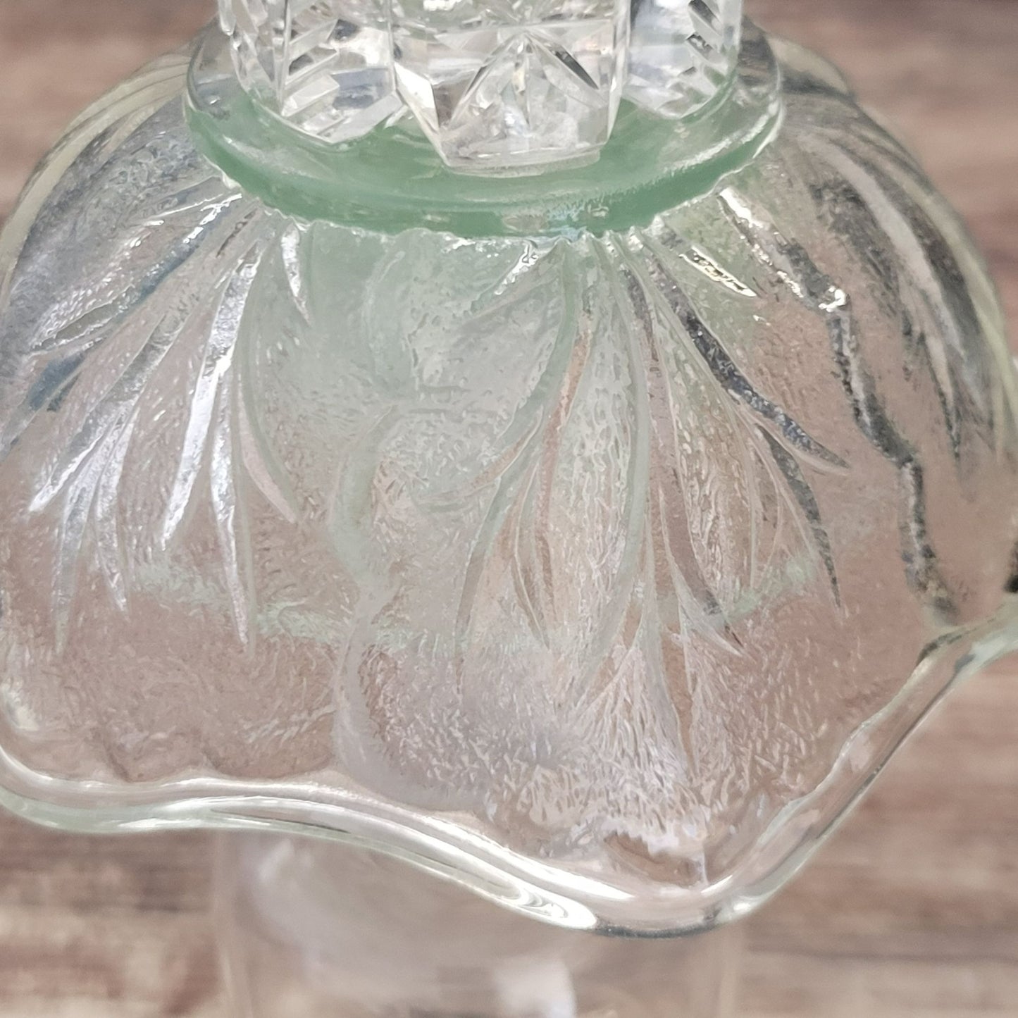 Unique Small Flameless Tealight Lamp, Clear Frosted & Seafoam Green, Embossed  & Etched Floral Design