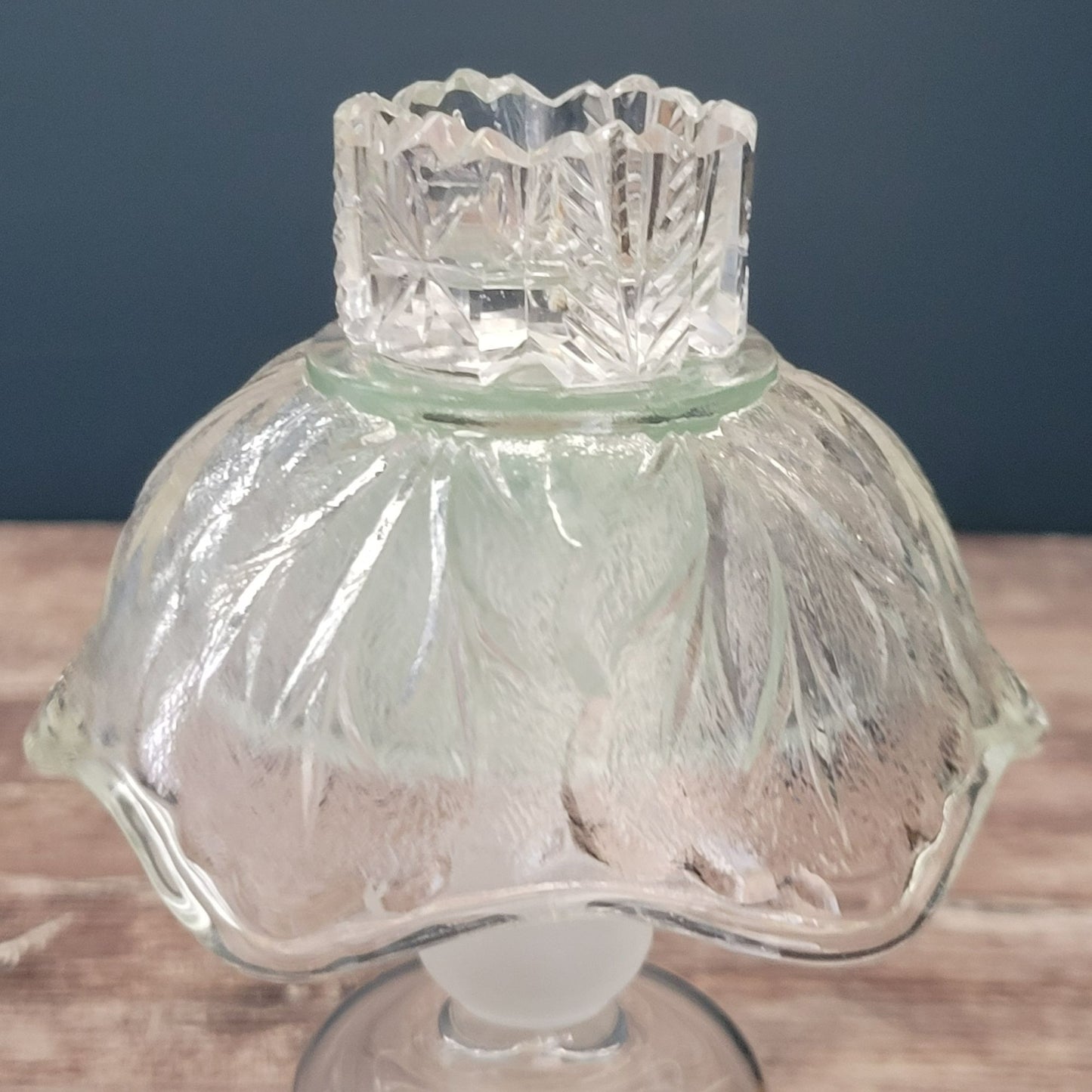 Unique Small Flameless Tealight Lamp, Clear Frosted & Seafoam Green, Embossed  & Etched Floral Design