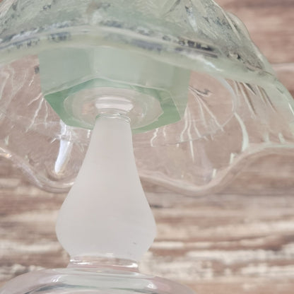 Unique Small Flameless Tealight Lamp, Clear Frosted & Seafoam Green, Embossed  & Etched Floral Design