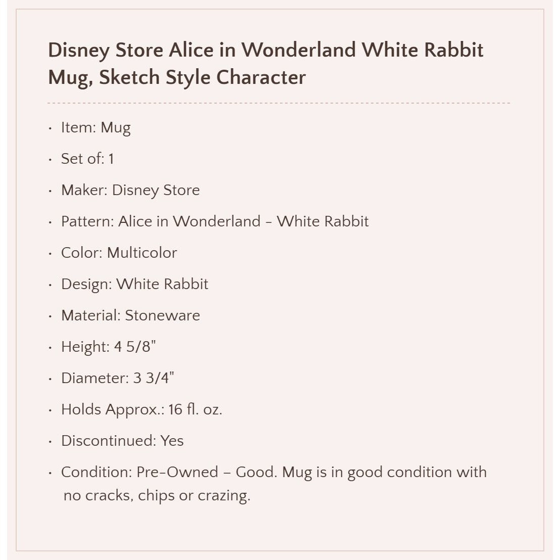 Disney Store Alice in Wonderland White Rabbit Coffee Mug