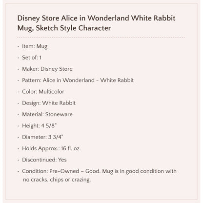 Disney Store Alice in Wonderland White Rabbit Coffee Mug