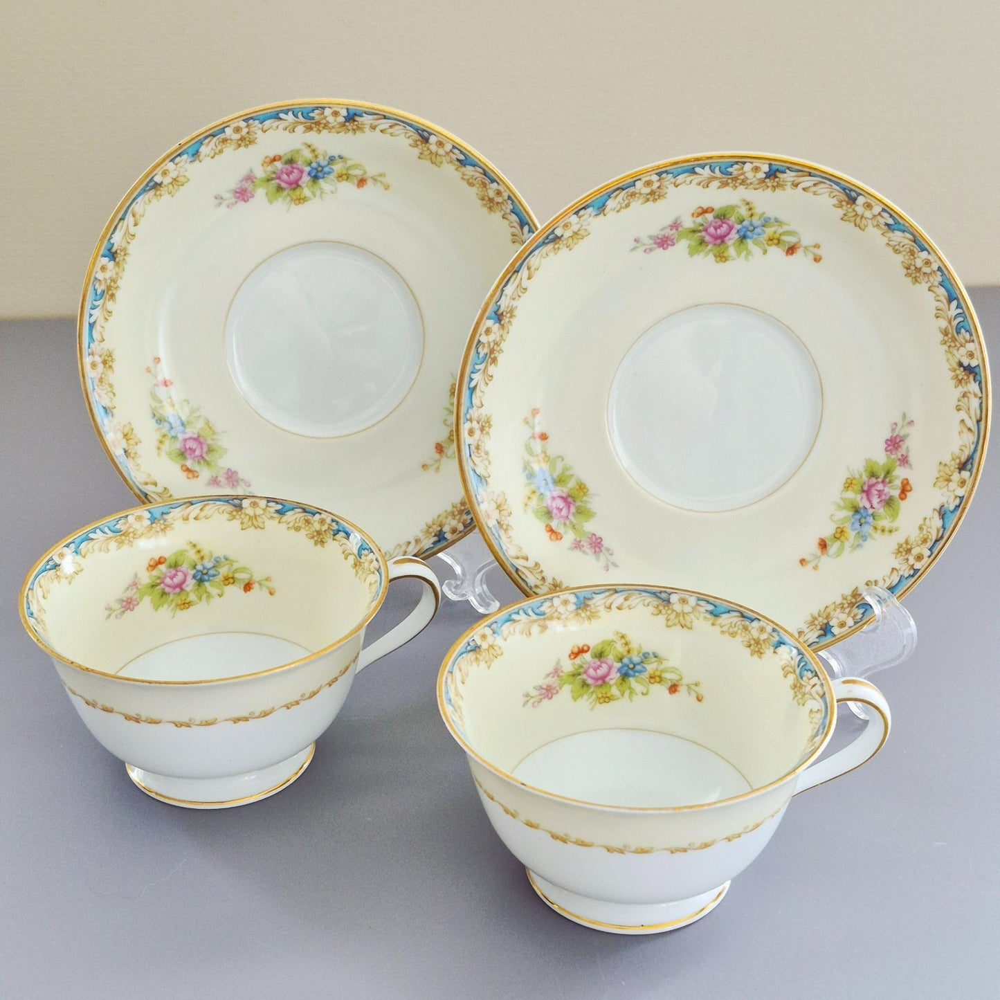 Noritake Floral Spray Teacup & Saucer, 2 Sets, c.1945-48 Occupied Japan