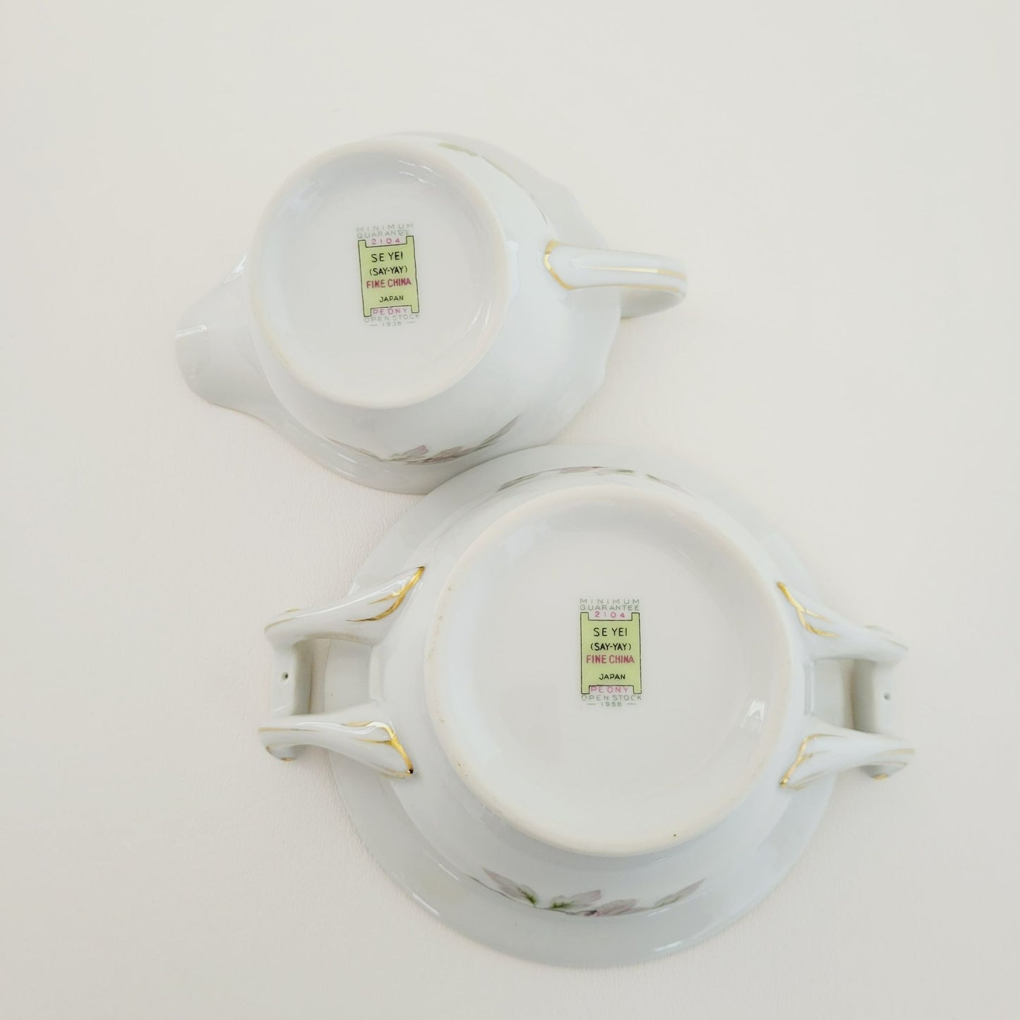 Peony Creamer & Sugar Bowl by Se Yei, c.1958 Japan, Lavender Pink & Green Floral