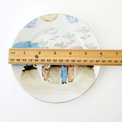 Japanese Kutani Geisha Girls Teacup, Saucer & Plates, Set of 4, Hand Painted Porcelain