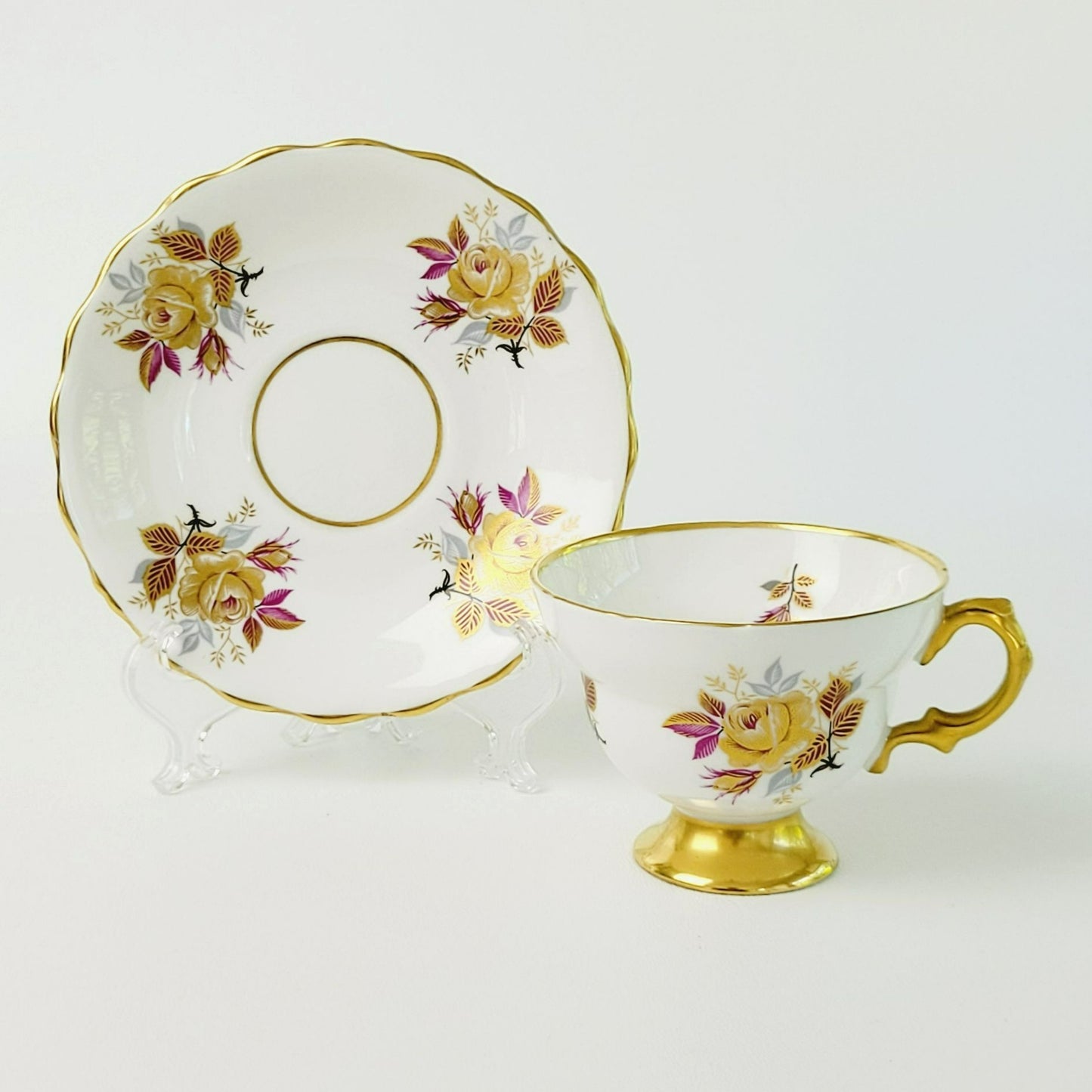 Rosina Heavy Gold Floral Rose Teacup & Saucer, c.1960 England