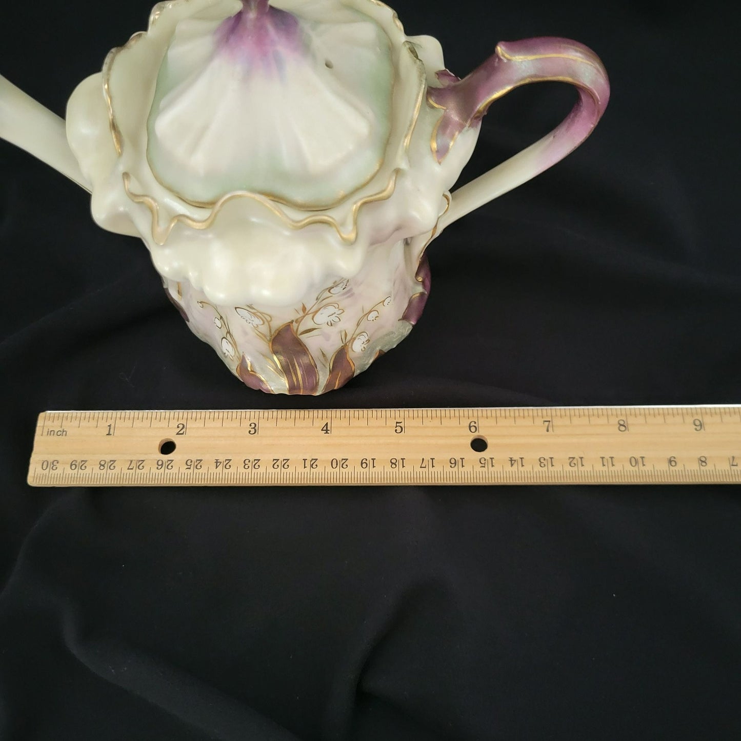 Rare Vintage RS Prussia Lily of the Valley Teapot Hand Painted on Satin Smooth Finish, Gold Accents