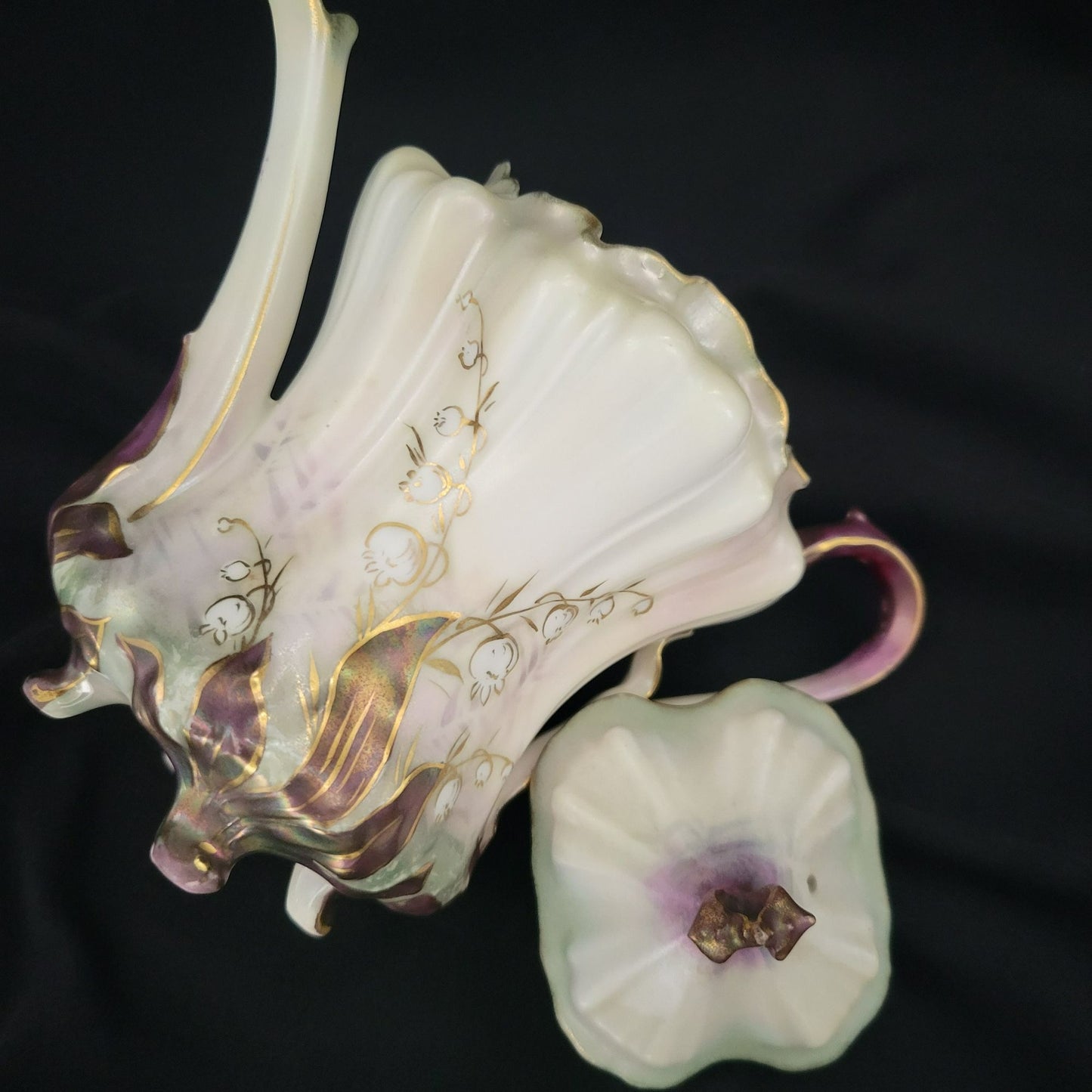 Rare Vintage RS Prussia Lily of the Valley Teapot Hand Painted on Satin Smooth Finish, Gold Accents