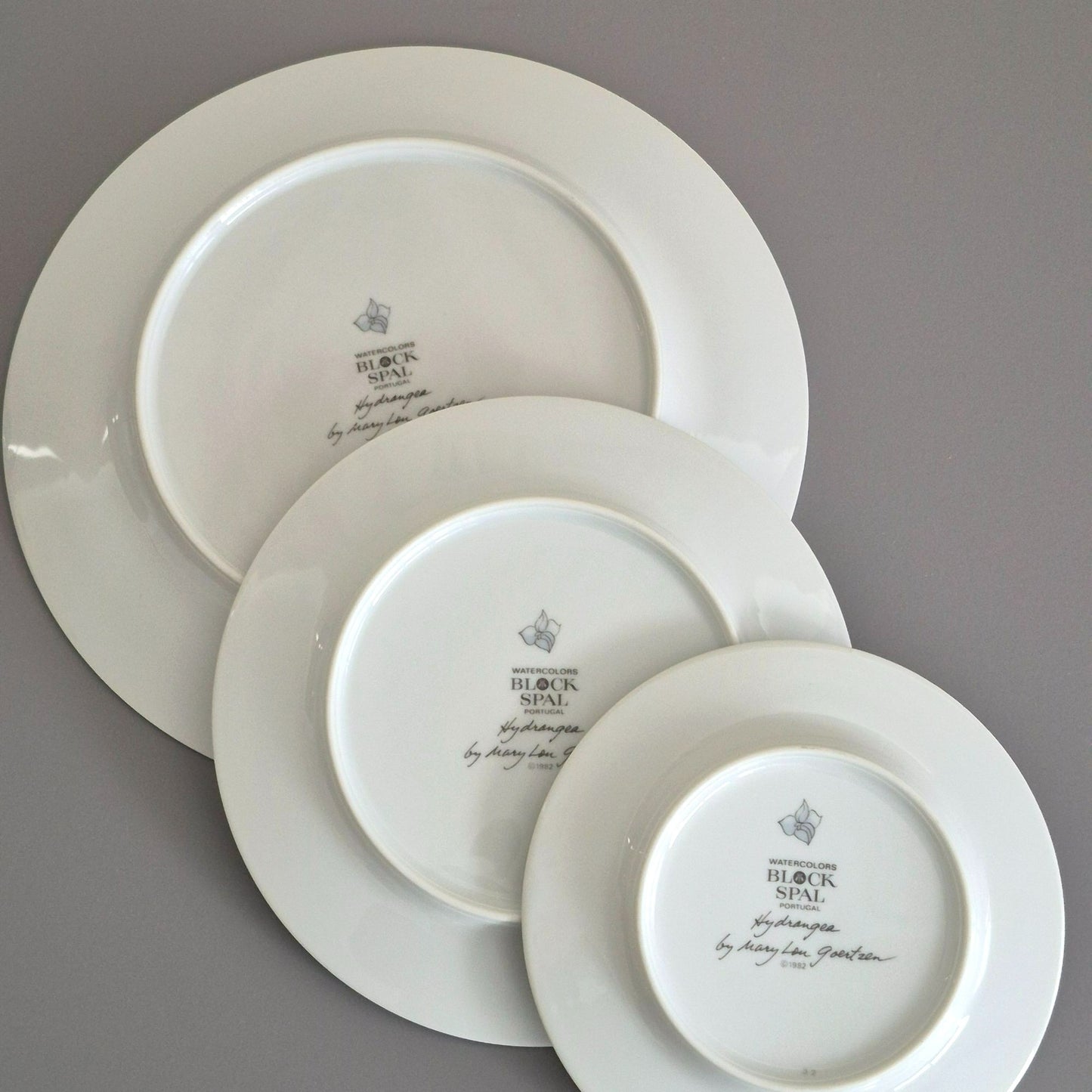 Block Spal "Hydrangea" Dinner, Salad & Bread Plate, Set of 3, c1982-91 Portugal