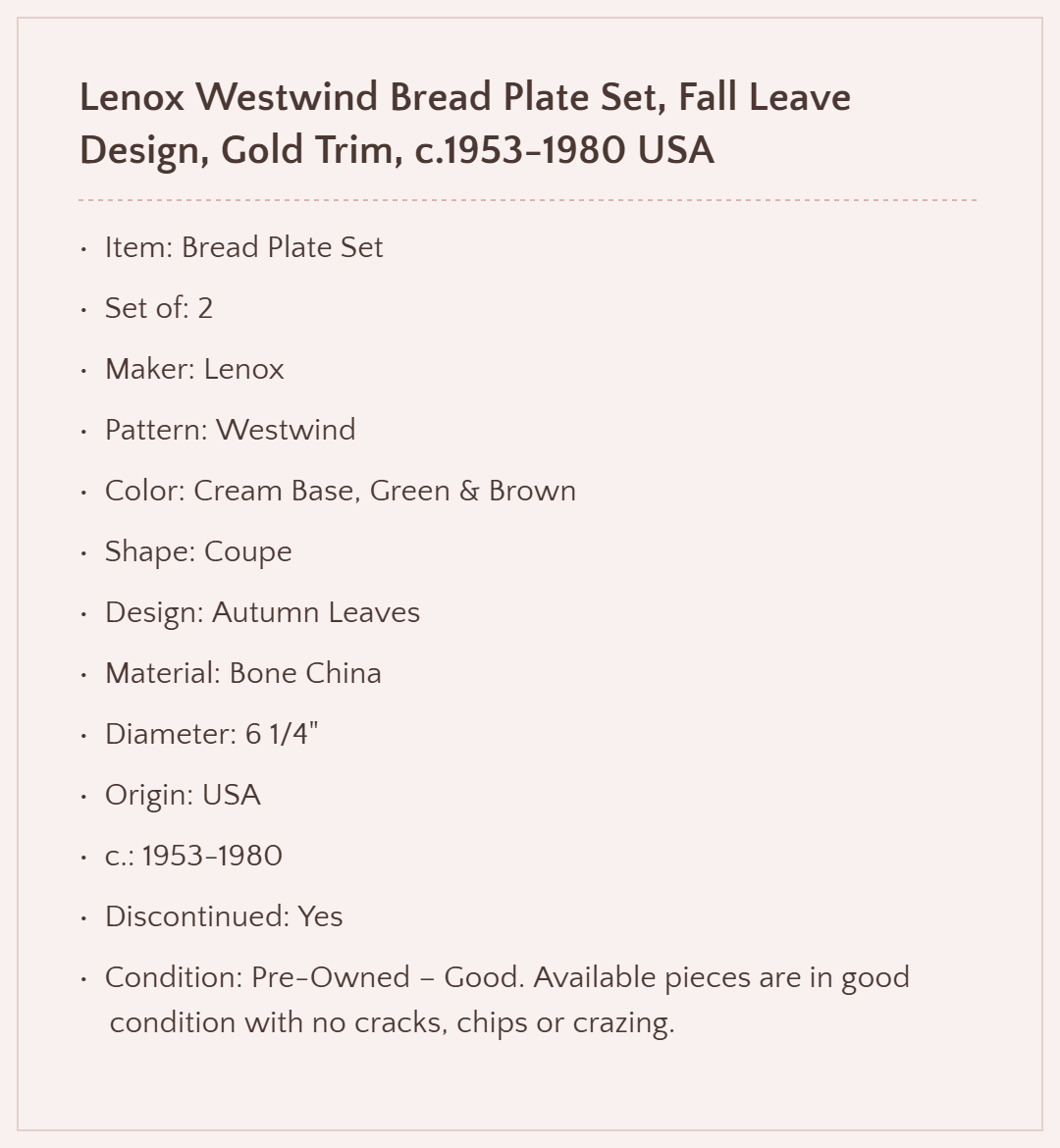 Lenox "Westwind" Bread Plate Set, c.1953-80 USA
