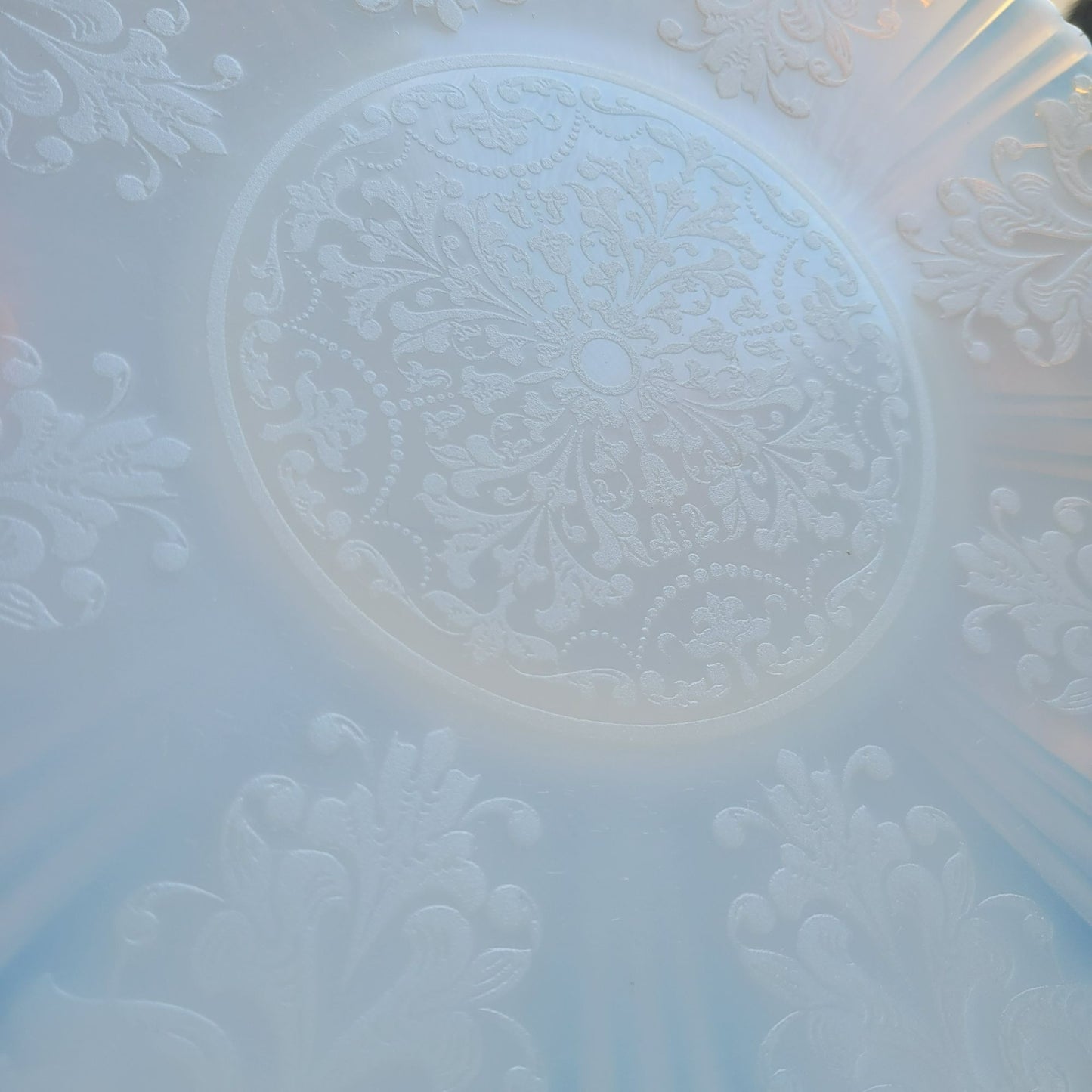 MacBeth-Evans White Opalescent Glass Chop Plate, c.1930-36 USA