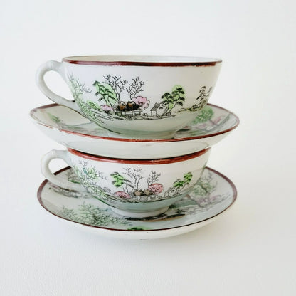 Nippon Kutani Landscape Teacup & Saucers,  Hand Painted Japanese Mountain Lake Scene
