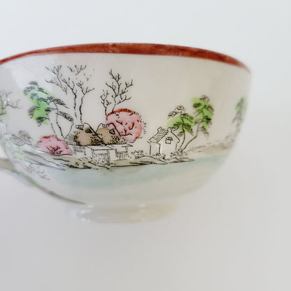 Nippon Kutani Landscape Teacup & Saucers,  Hand Painted Japanese Mountain Lake Scene