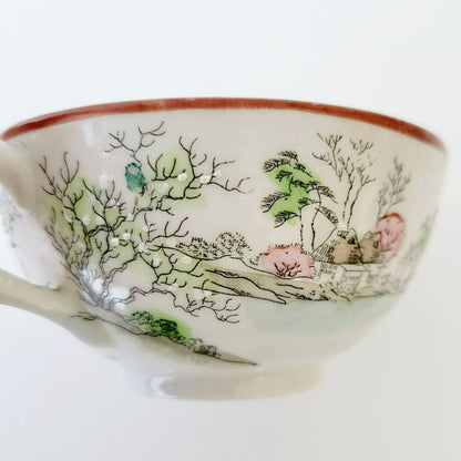 Nippon Kutani Landscape Teacup & Saucers,  Hand Painted Japanese Mountain Lake Scene
