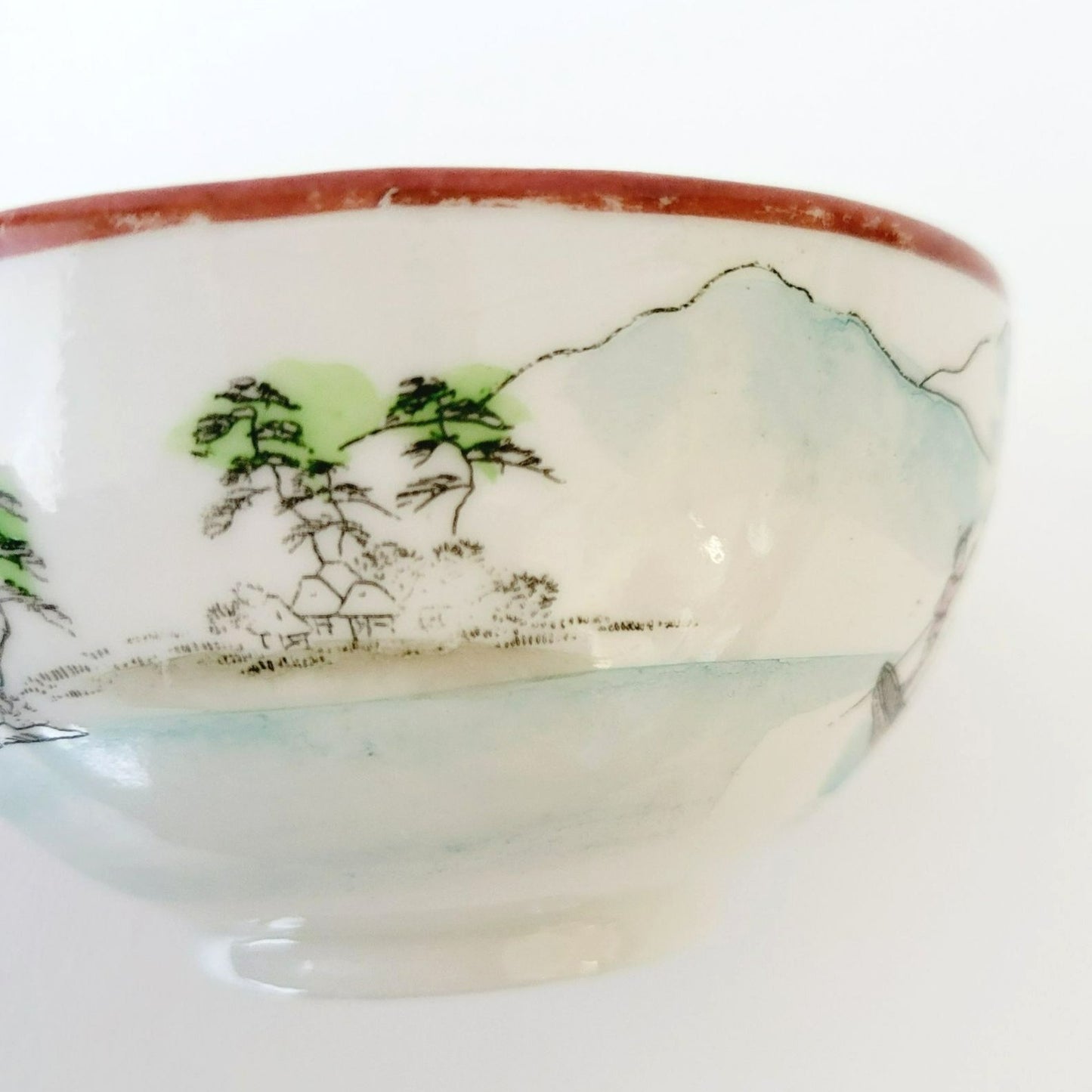Nippon Kutani Landscape Teacup & Saucers,  Hand Painted Japanese Mountain Lake Scene