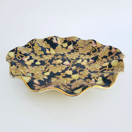 Chinese Cloisonne Ruffle Edge Plate, Embossed Gold Leaf & Fruit