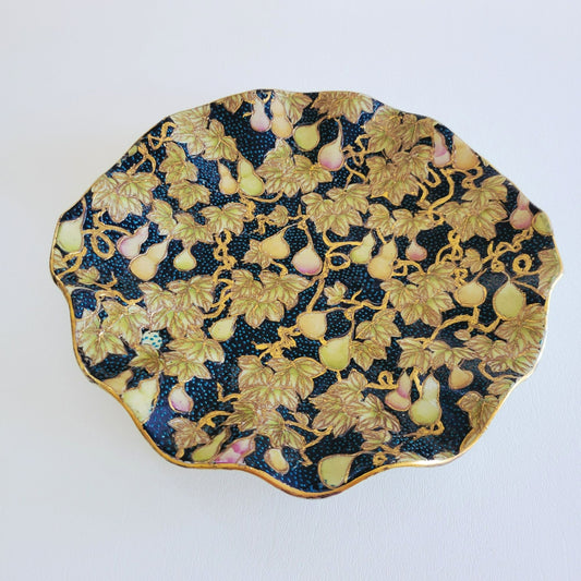 Chinese Cloisonne Ruffle Edge Plate, Embossed Gold Leaf & Fruit