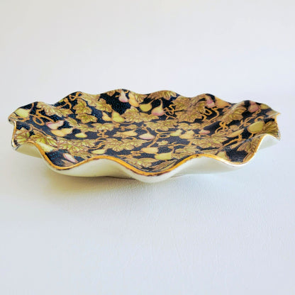 Chinese Cloisonne Ruffle Edge Plate, Embossed Gold Leaf & Fruit