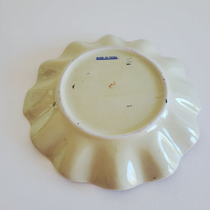 Chinese Cloisonne Ruffle Edge Plate, Embossed Gold Leaf & Fruit