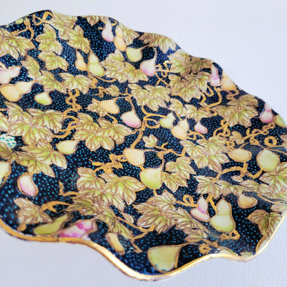 Chinese Cloisonne Ruffle Edge Plate, Embossed Gold Leaf & Fruit