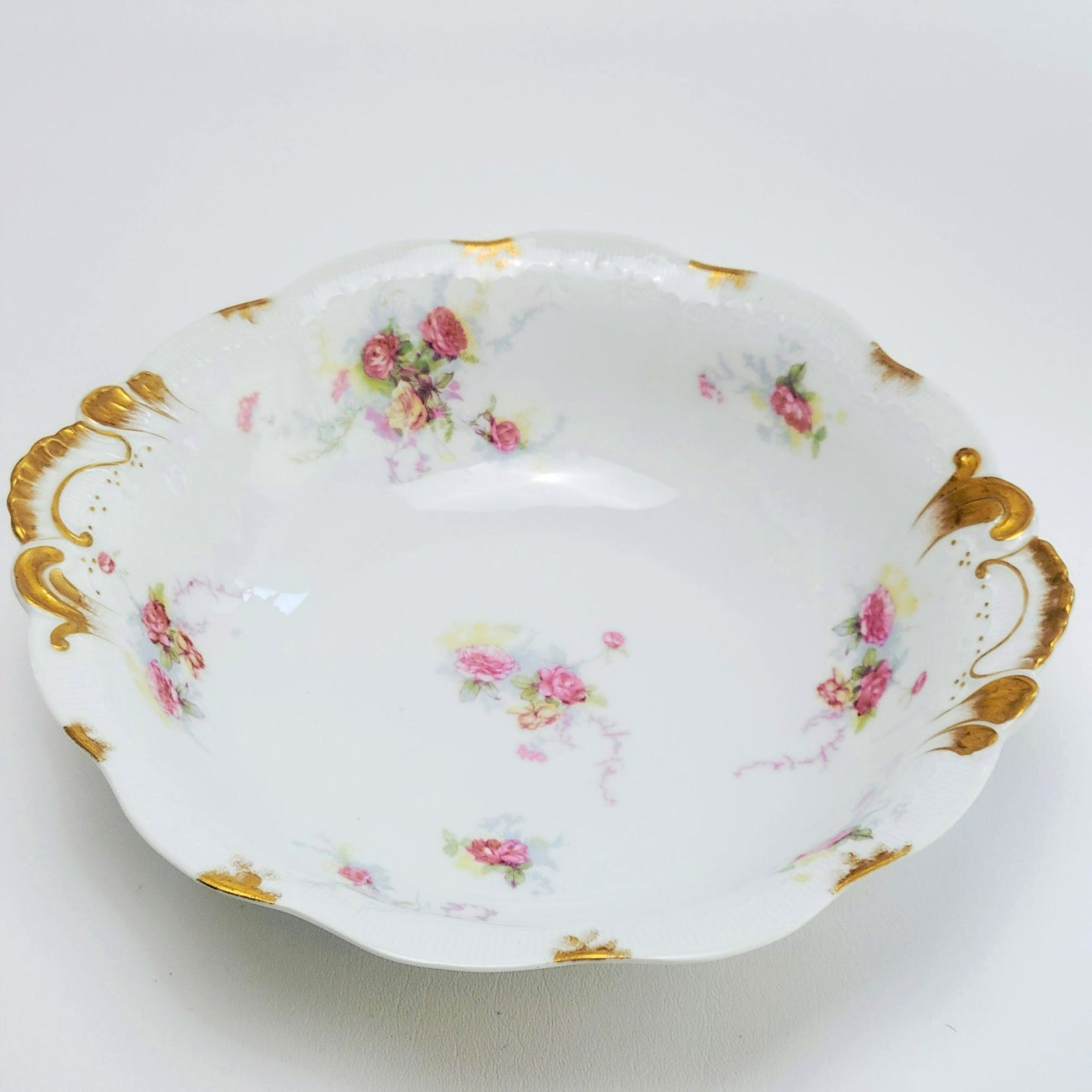 Antique Limoges Shabby Chic Floral Bowl, Heavy Gold Trim, Embossed Edging, Hand Painted Pink Roses, c1890-1902 France by Jean Pouyat