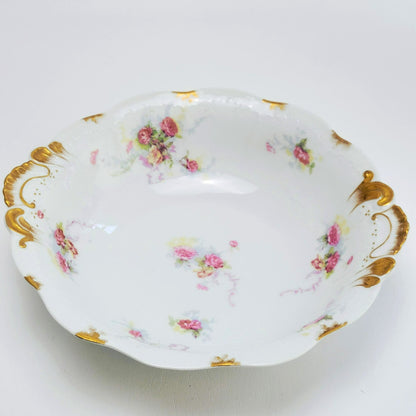 Antique Limoges Shabby Chic Floral Bowl, Heavy Gold Trim, Embossed Edging, Hand Painted Pink Roses, c1890-1902 France by Jean Pouyat
