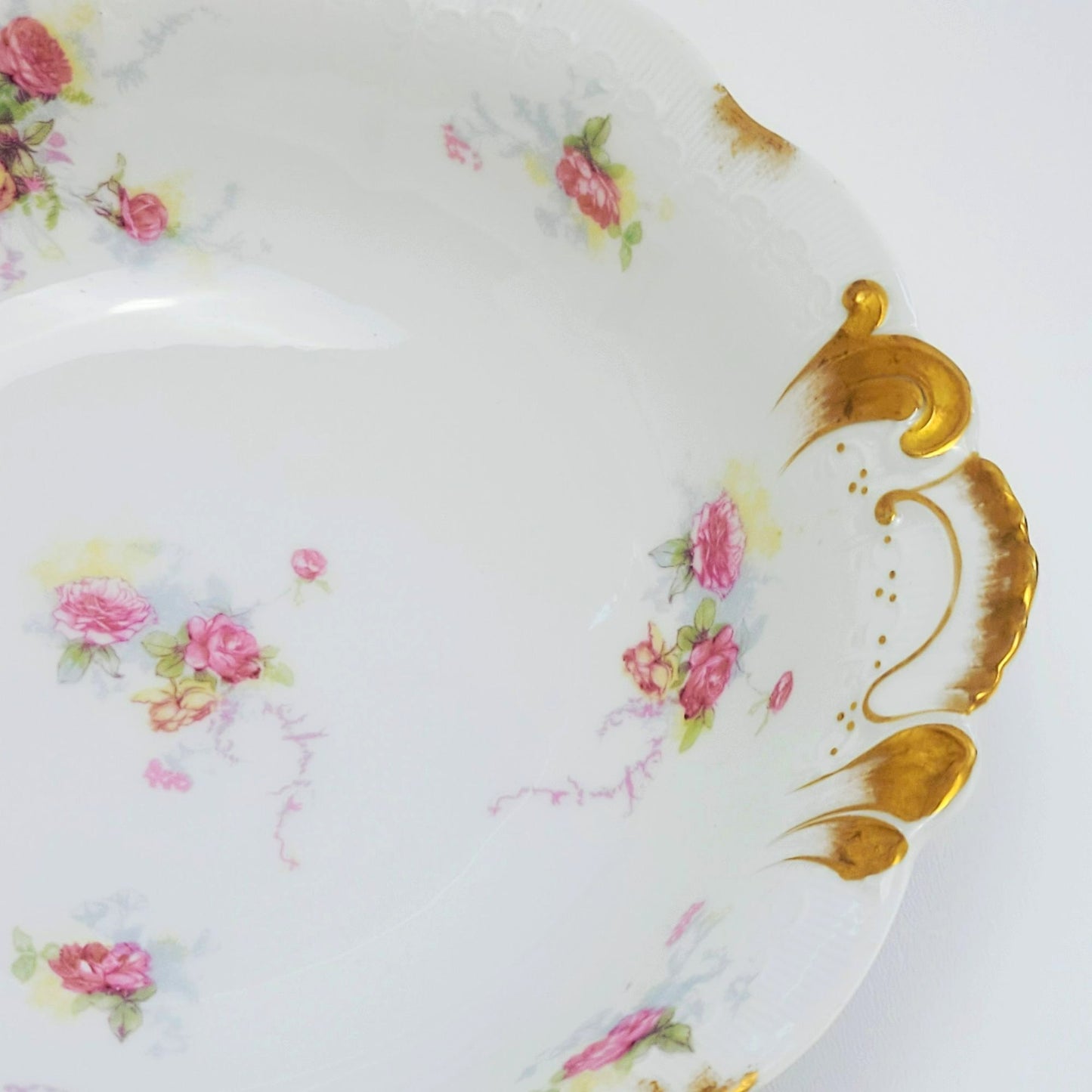 Antique Limoges Shabby Chic Floral Bowl, Heavy Gold Trim, Embossed Edging, Hand Painted Pink Roses, c1890-1902 France by Jean Pouyat