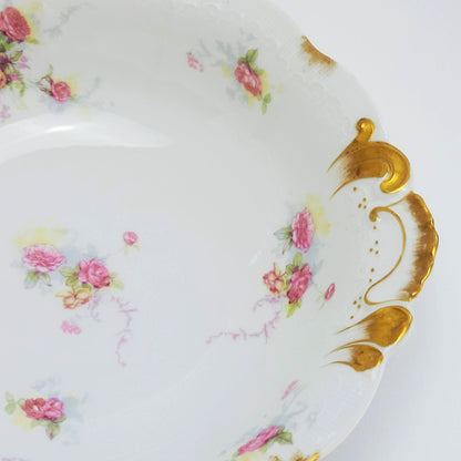 Antique Limoges Shabby Chic Floral Bowl, Heavy Gold Trim, Embossed Edging, Hand Painted Pink Roses, c1890-1902 France by Jean Pouyat