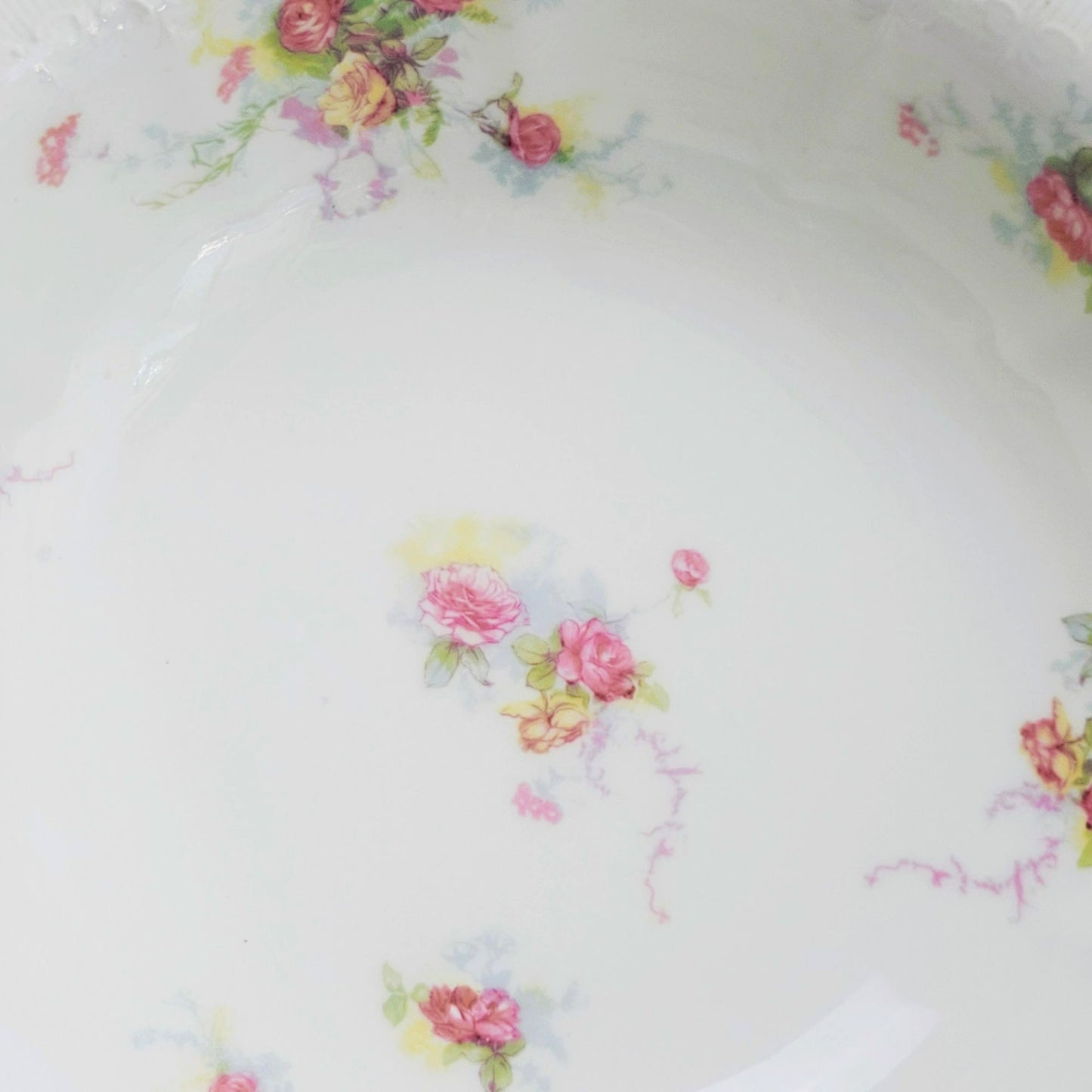 Antique Limoges Shabby Chic Floral Bowl, Heavy Gold Trim, Embossed Edging, Hand Painted Pink Roses, c1890-1902 France by Jean Pouyat