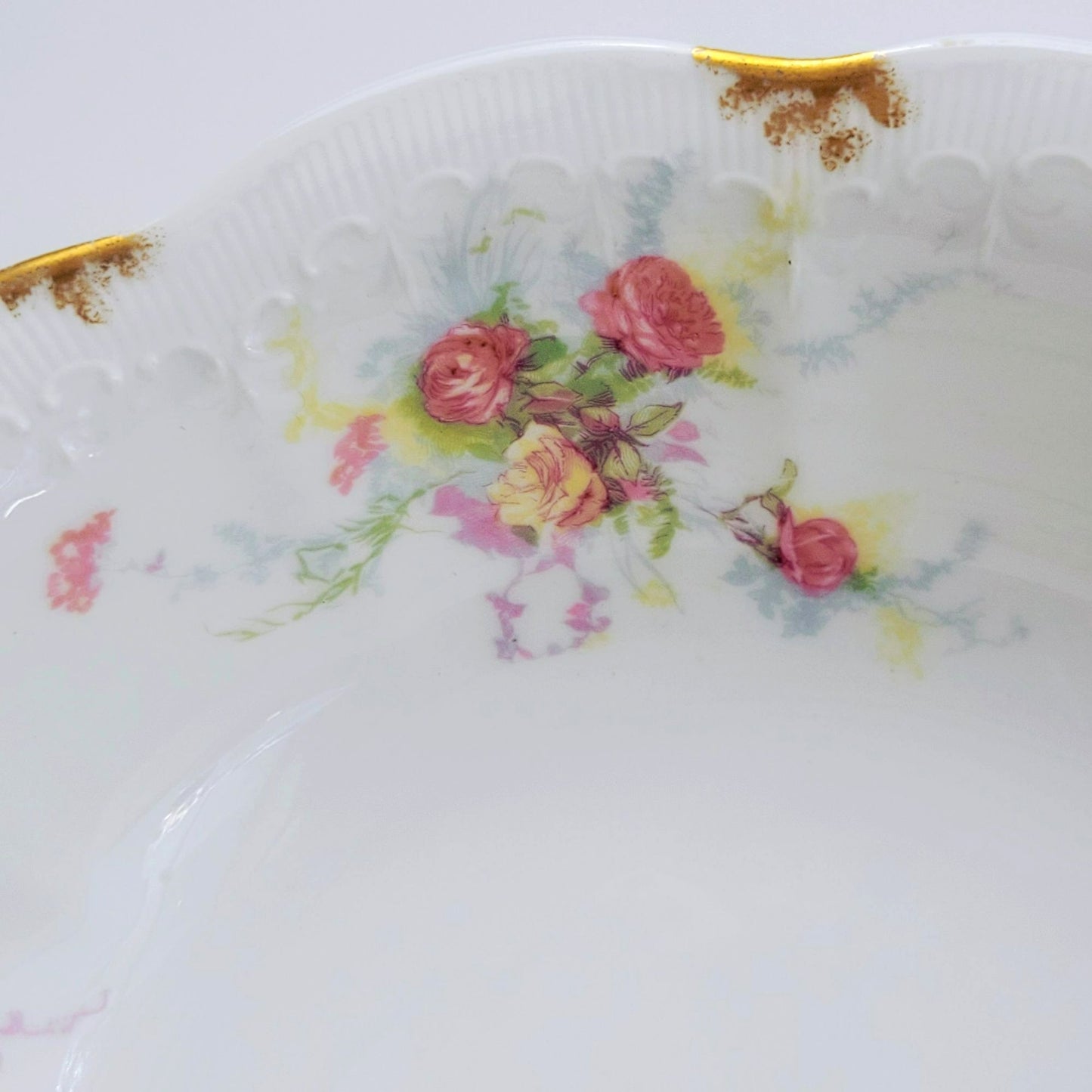 Antique Limoges Shabby Chic Floral Bowl, Heavy Gold Trim, Embossed Edging, Hand Painted Pink Roses, c1890-1902 France by Jean Pouyat