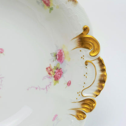 Antique Limoges Shabby Chic Floral Bowl, Heavy Gold Trim, Embossed Edging, Hand Painted Pink Roses, c1890-1902 France by Jean Pouyat