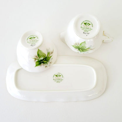 Royal Adderley Trillium Creamer, Sugar Bowl & Tray Petite Set, White and Green Floral, England