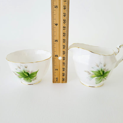 Royal Adderley Trillium Creamer, Sugar Bowl & Tray Petite Set, White and Green Floral, England