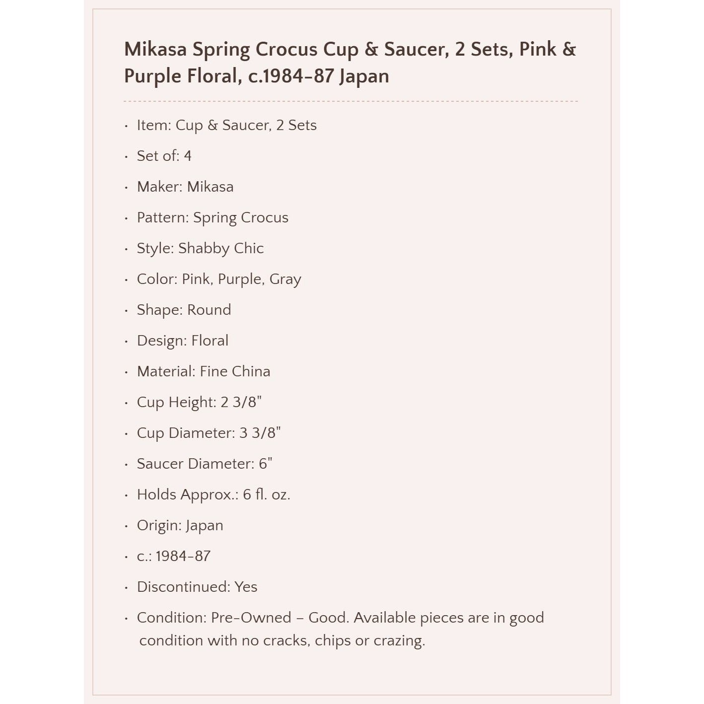 Mikasa Spring Crocus Cup & Saucer, 2 Sets, c.1984-87 Japan