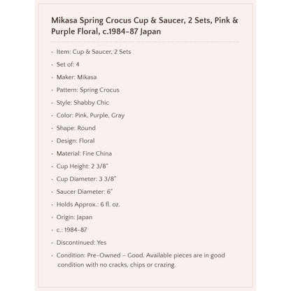 Mikasa Spring Crocus Cup & Saucer, 2 Sets, c.1984-87 Japan