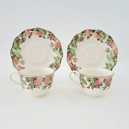 Nikko Precious Floral Tea Cup & Saucer, 2 Sets, Pink Poppies with Red Trim, Made in Japan