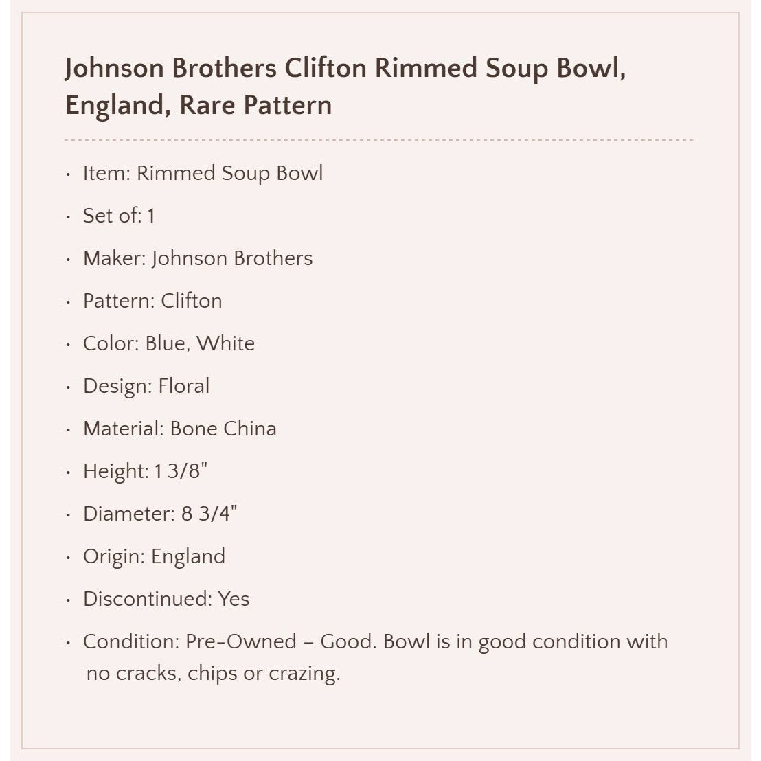 Johnson Brothers "Clifton" Rimmed Soup Bowl, England